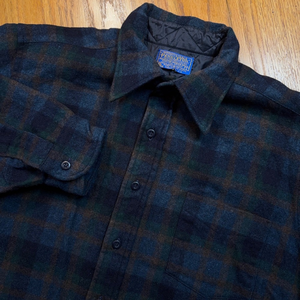 Pendleton Wool Flannel Shirt Mens L Blue Green Plaid Button Down Made In USA